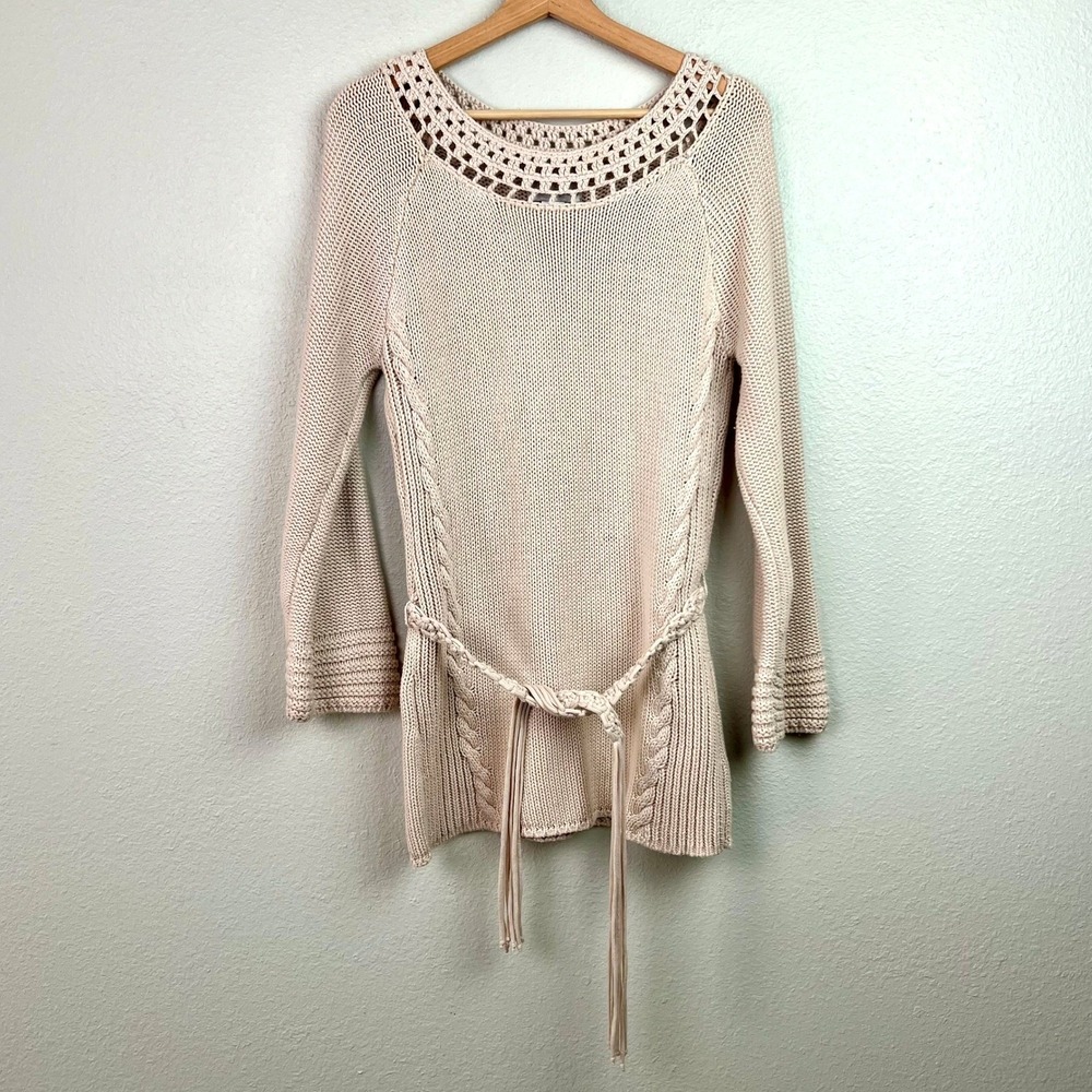 Spiegel Vtg Beige‎ Crochet Neck Belted Tunic Sweater Women's Medium Boho Coastal